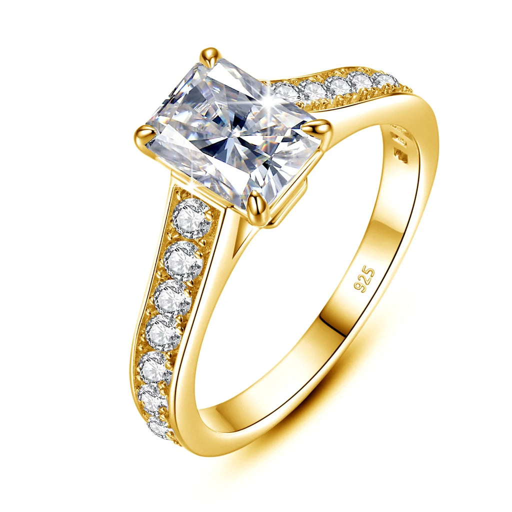 Emerald Gold | 2ct Emerald Cut Moissanite Ring | Yellow Gold over 925