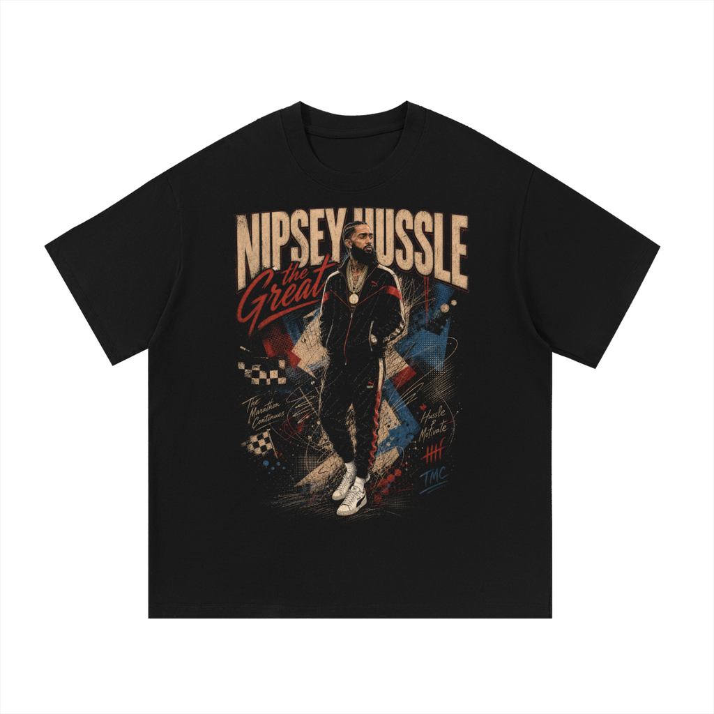 Black oversized streetwear tee with full-body Nipsey Hussle The Great vintage tribute graphic.