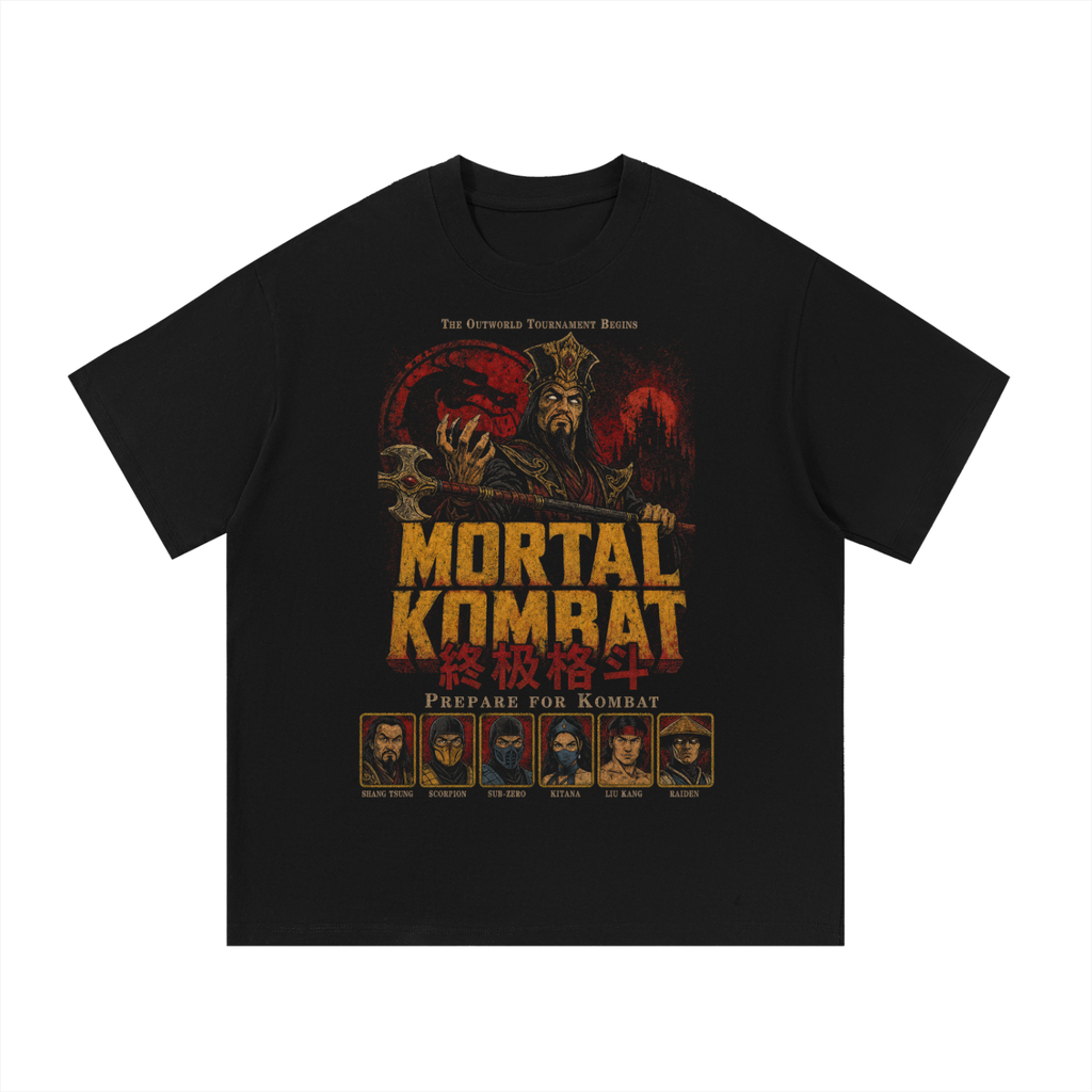 Black oversized streetwear tee with Mortal Kombat Prepare For Kombat dragon logo and roster graphic.