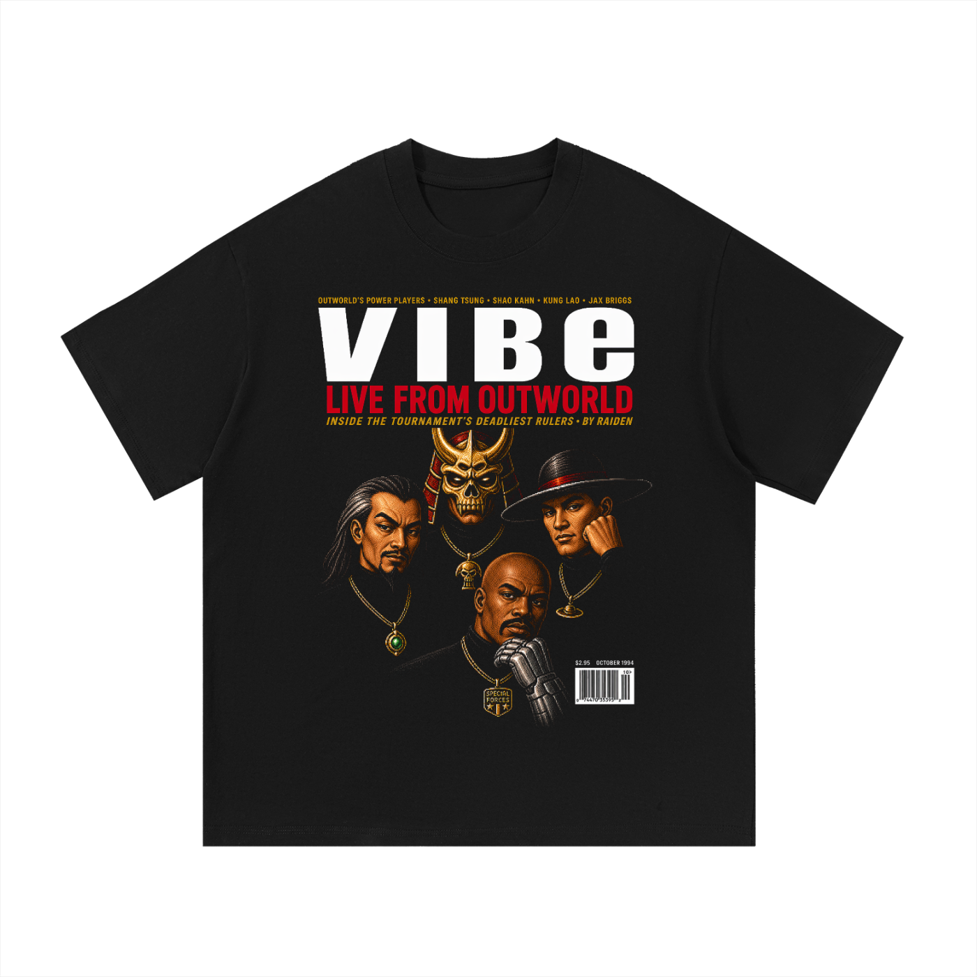 Black oversized streetwear tee with Vibe Magazine Live From Outworld MK trio cover graphic.
