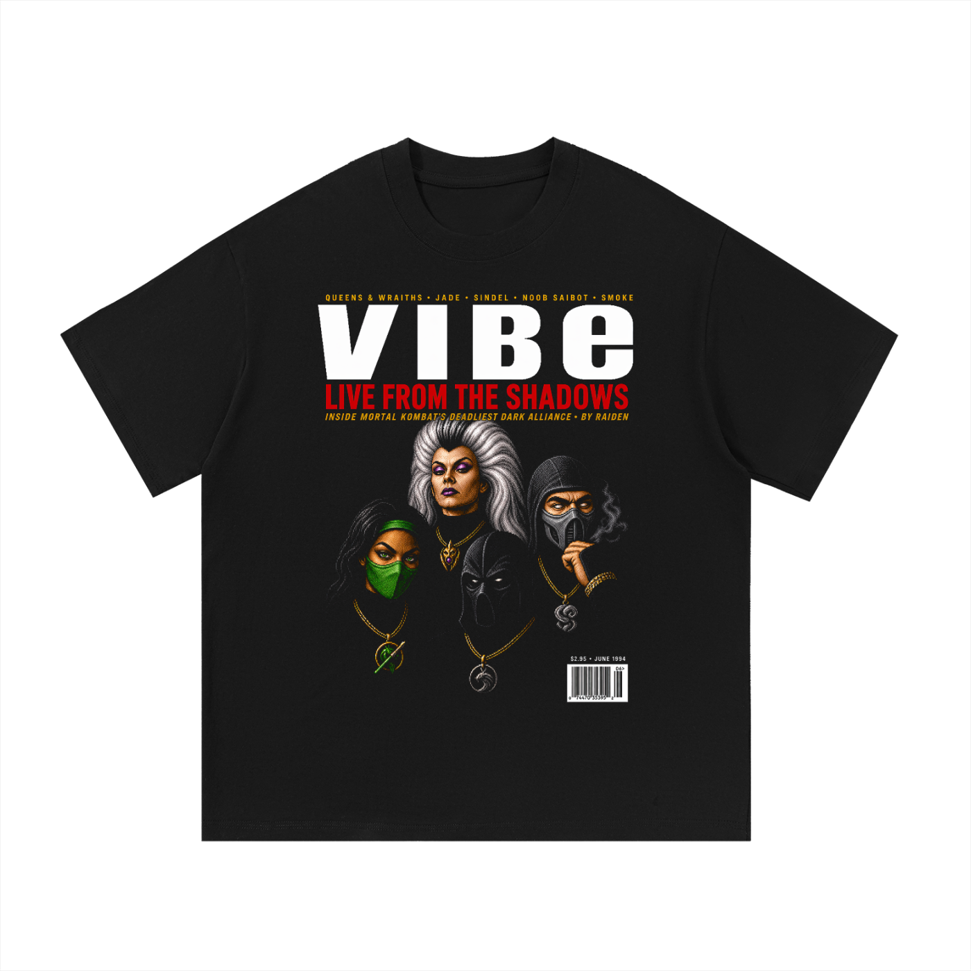 Black oversized streetwear tee with Vibe Magazine Live From The Shadows MK ninjas cover graphic.