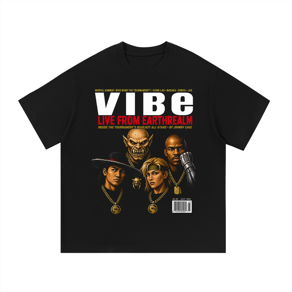 Black oversized streetwear tee with Vibe Magazine Earthrealm MK full roster cover graphic.