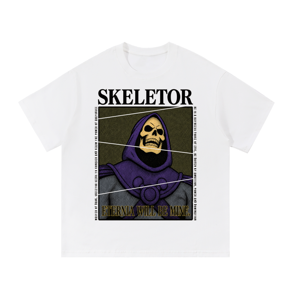 White oversized streetwear tee with Skeletor portrait and Eternia bootleg tour-style graphic.