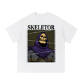White oversized streetwear tee with Skeletor portrait and Eternia bootleg tour-style graphic.