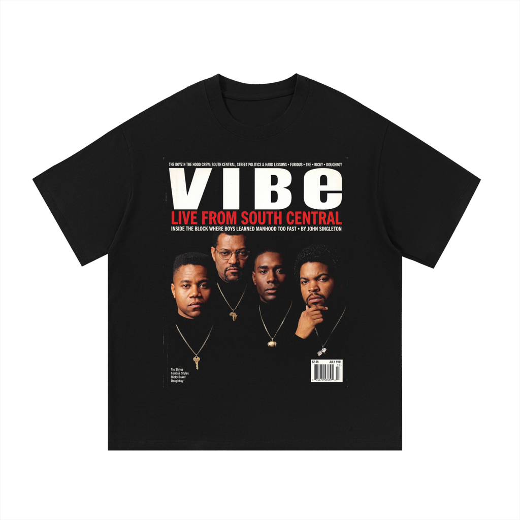 Black oversized streetwear tee with Vibe Magazine Live From South Central cover featuring NWA-era group.