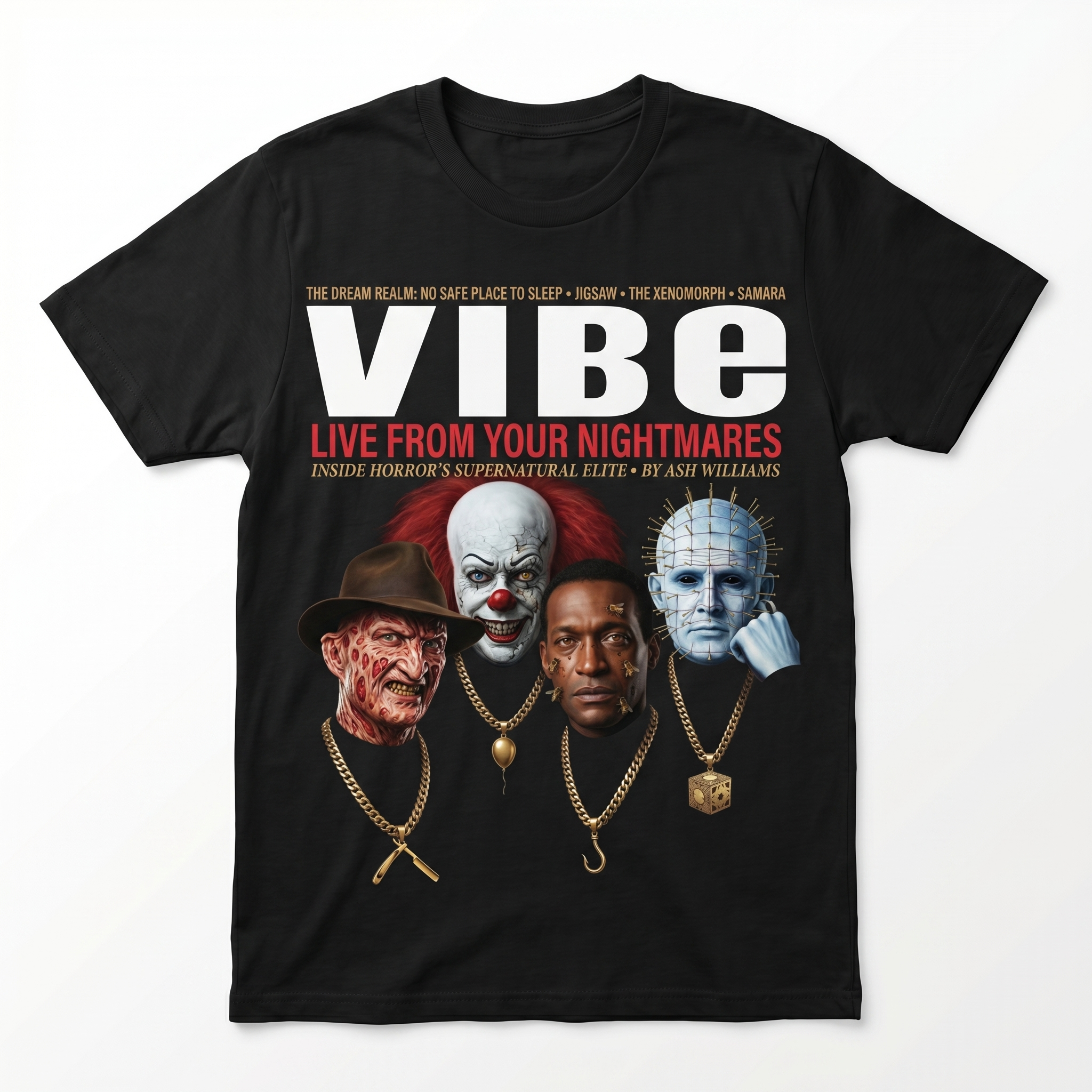 Horror Villains VIBE Magazine Tee — front mockup