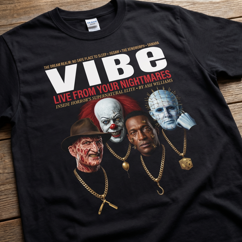 Horror Villains VIBE Magazine Tee — flat mockup