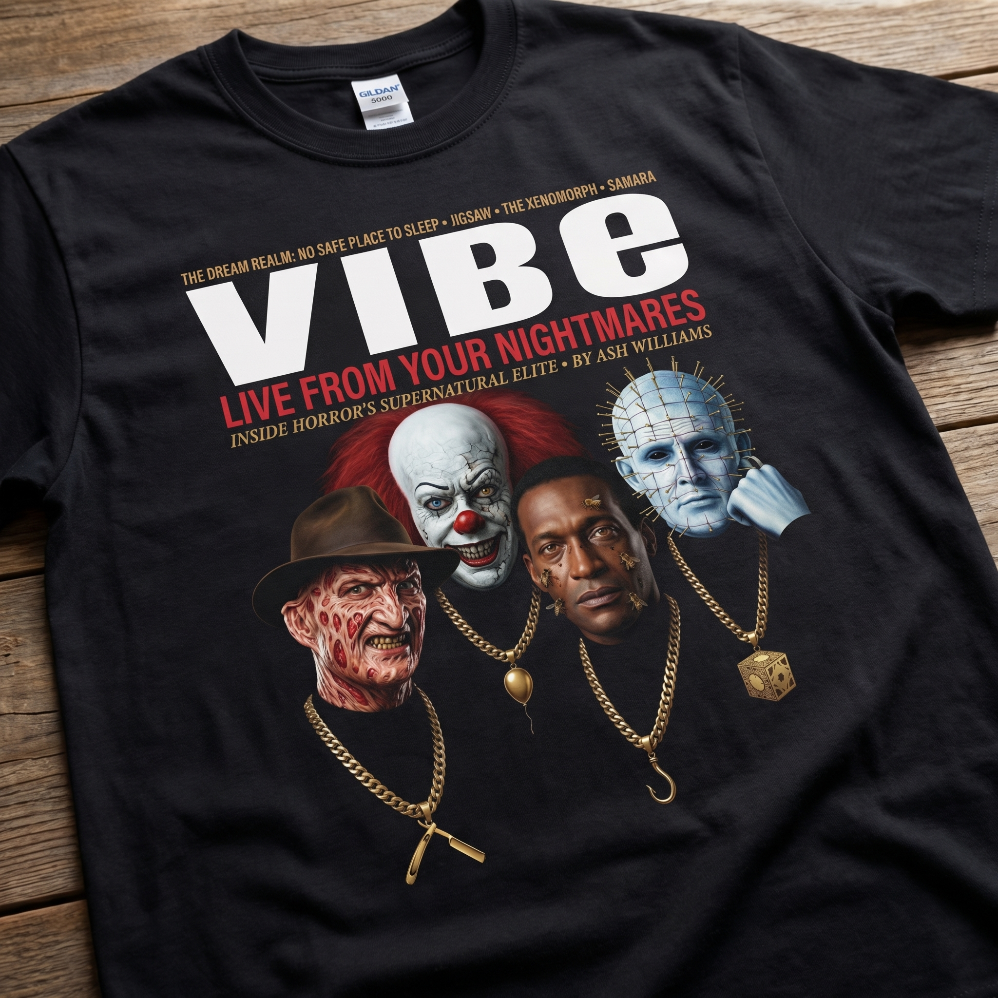 Horror Villains VIBE Magazine Tee — flat mockup