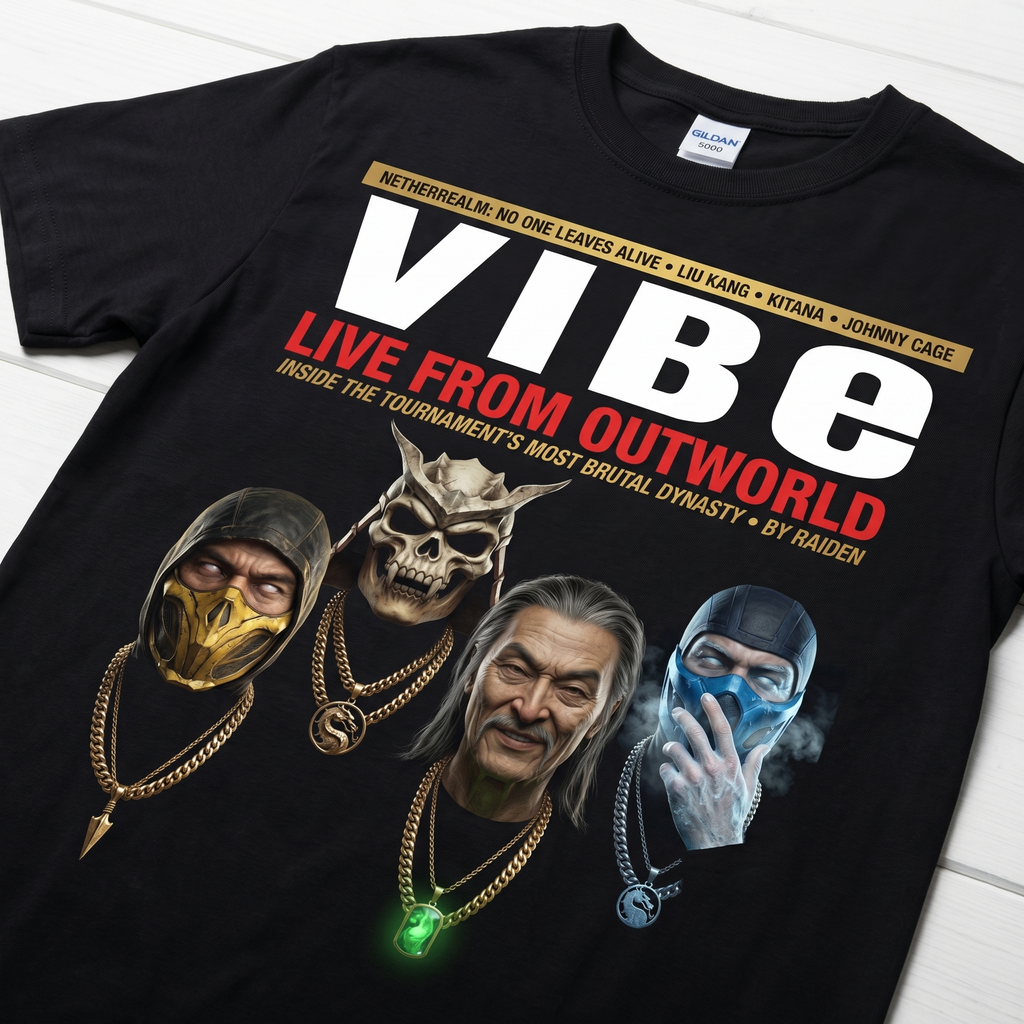 Mortal Kombat VIBE Magazine Tee — flat mockup