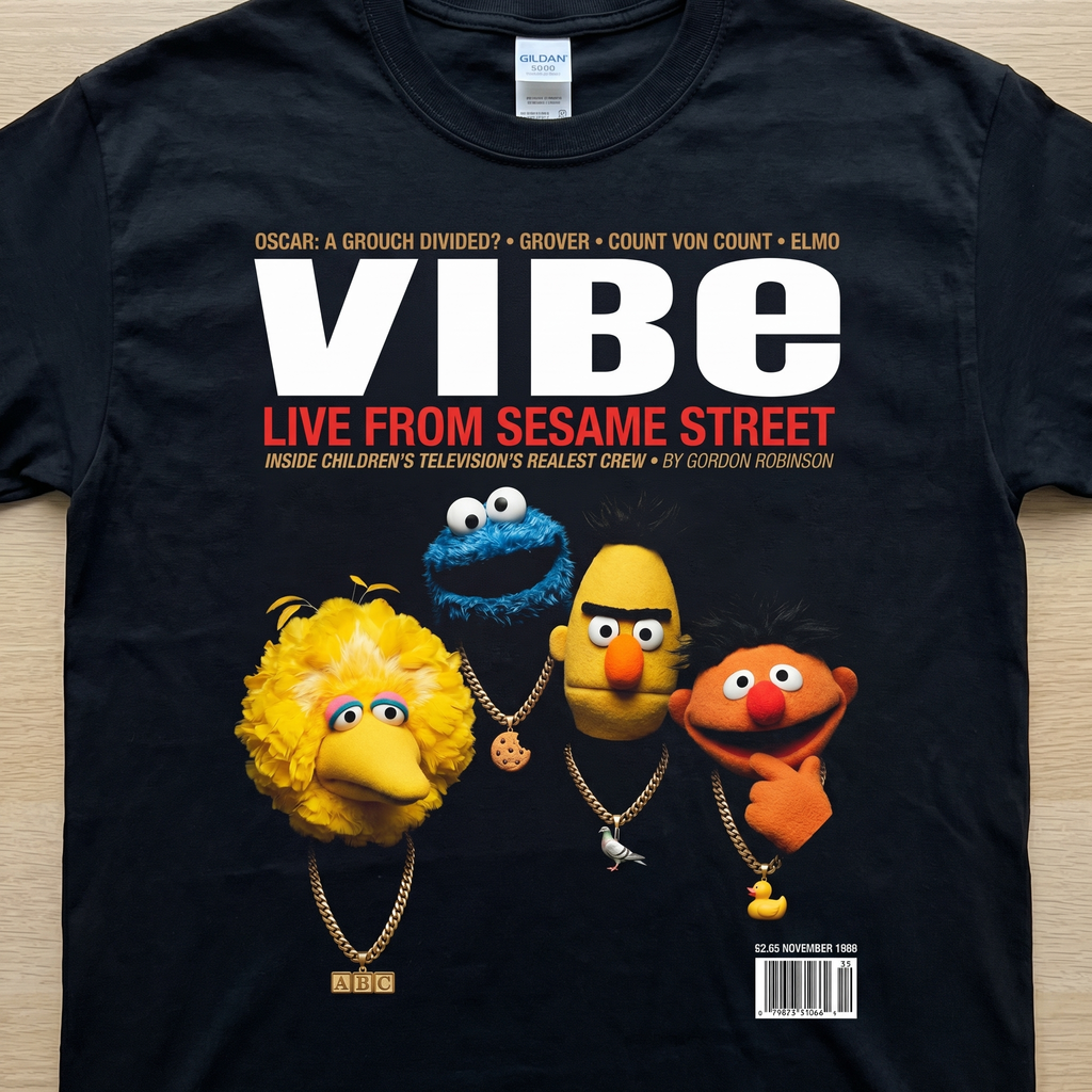 Sesame Street VIBE Magazine Tee — flat mockup