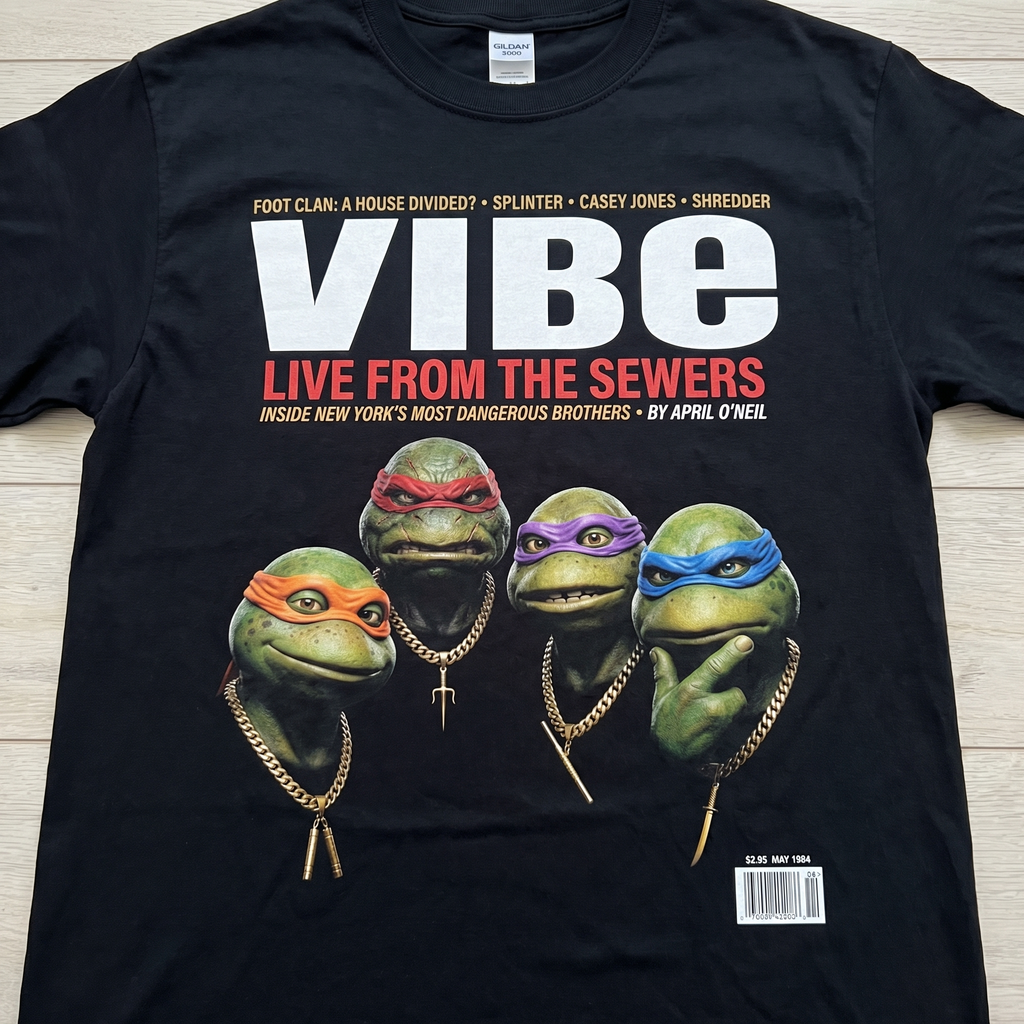 TMNT VIBE Magazine Tee — flat mockup