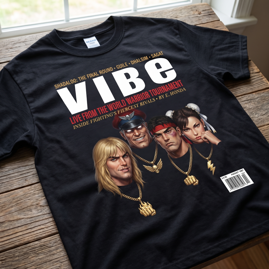 Street Fighter VIBE Magazine Tee — flat mockup