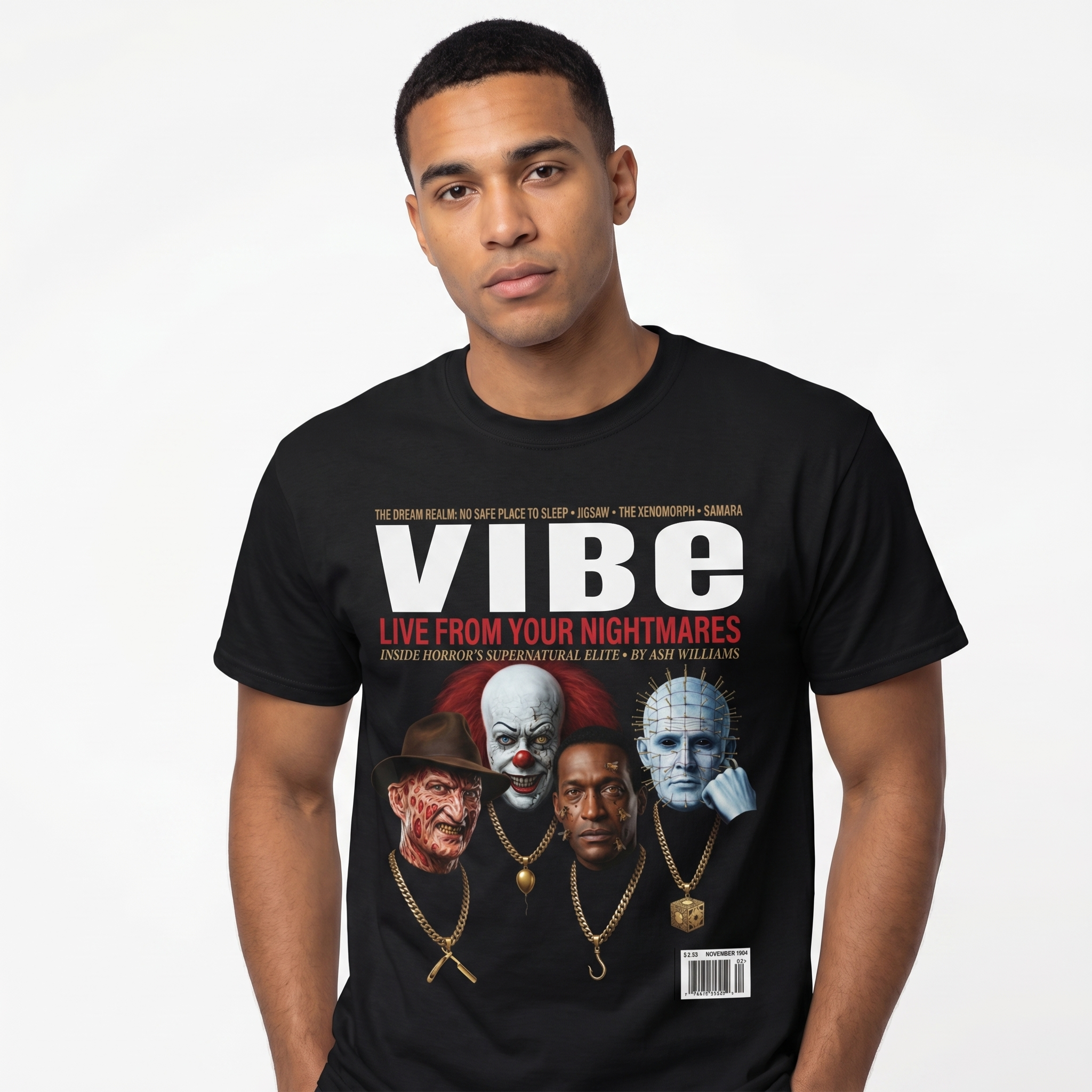 Horror Villains VIBE Magazine Tee — model mockup