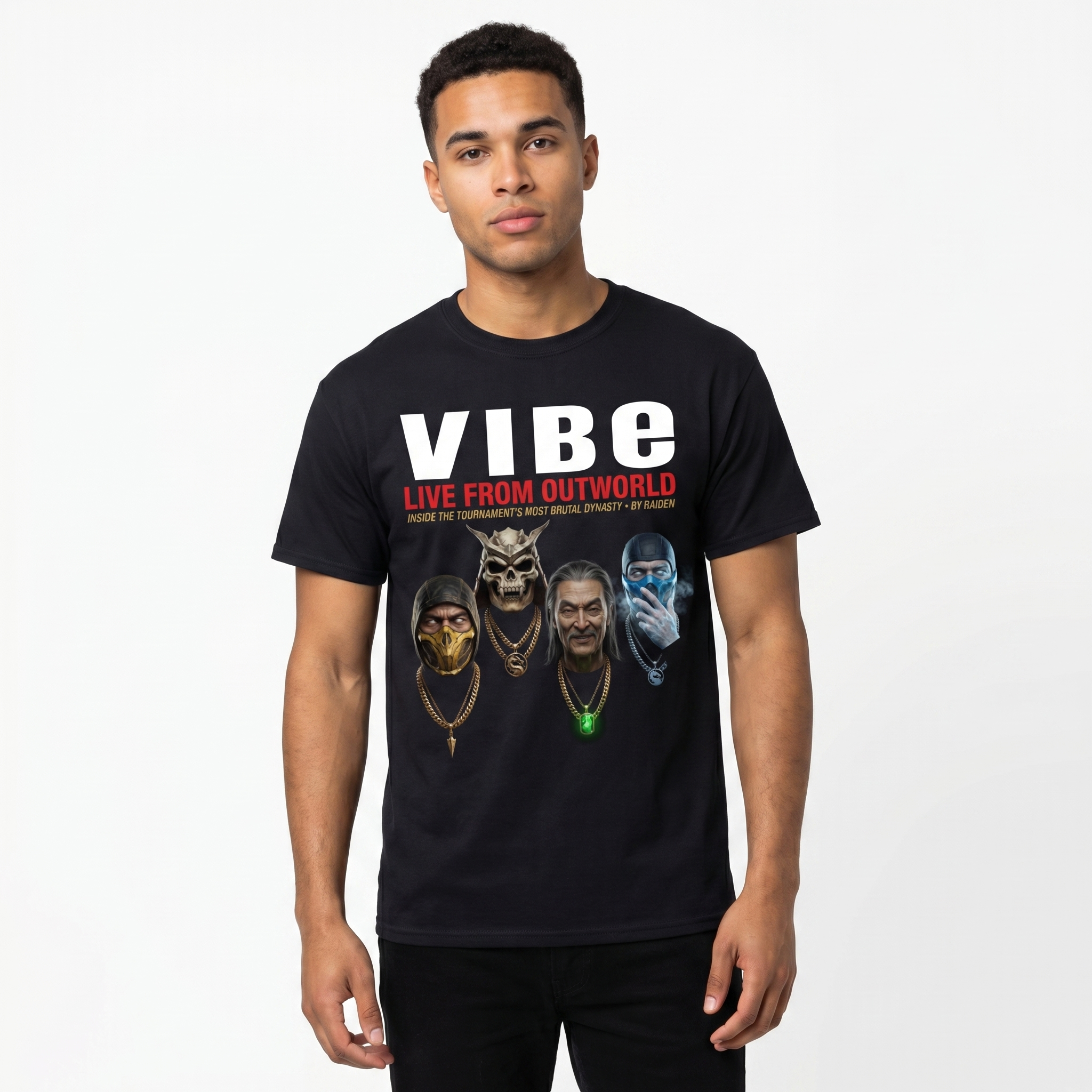 Mortal Kombat VIBE Magazine Tee — model mockup