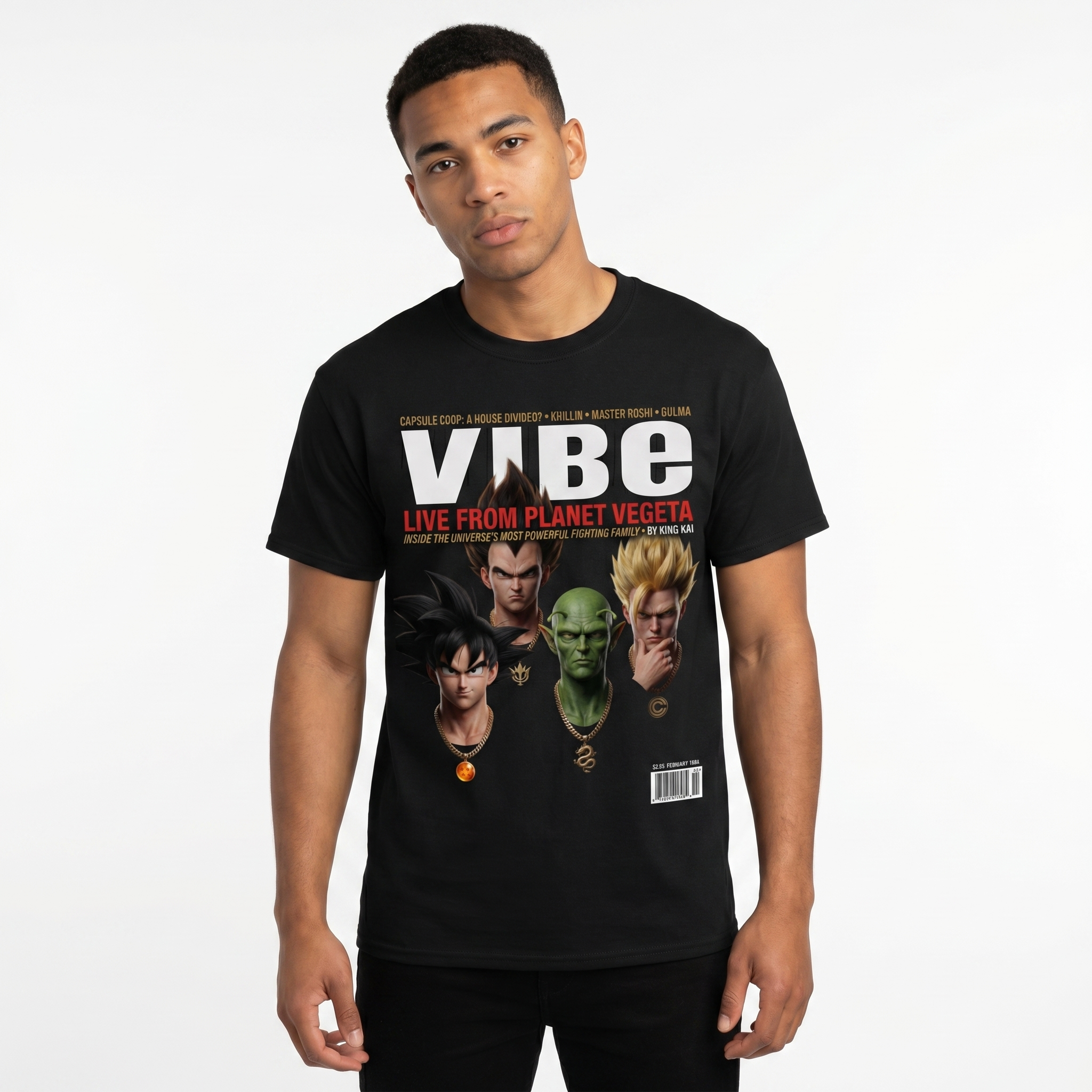 Dragon Ball Z VIBE Magazine Tee — model mockup