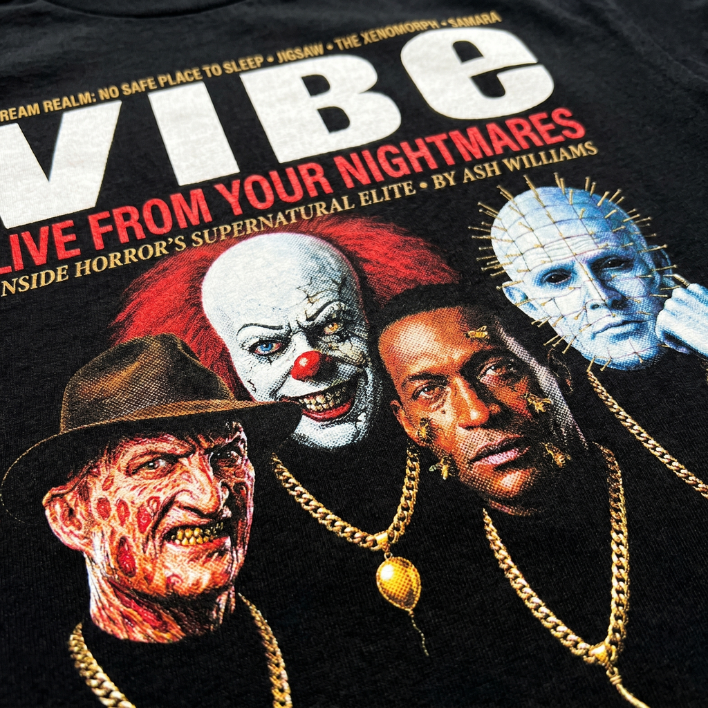 Horror Villains VIBE Magazine Tee — closeup mockup