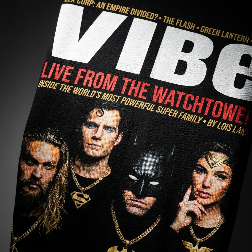 DC Superhero VIBE Magazine Tee — closeup mockup