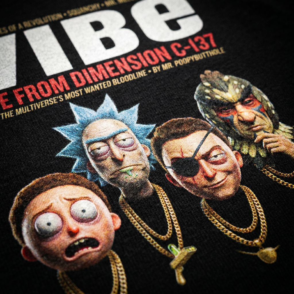 Rick and Morty VIBE Magazine Tee — closeup mockup