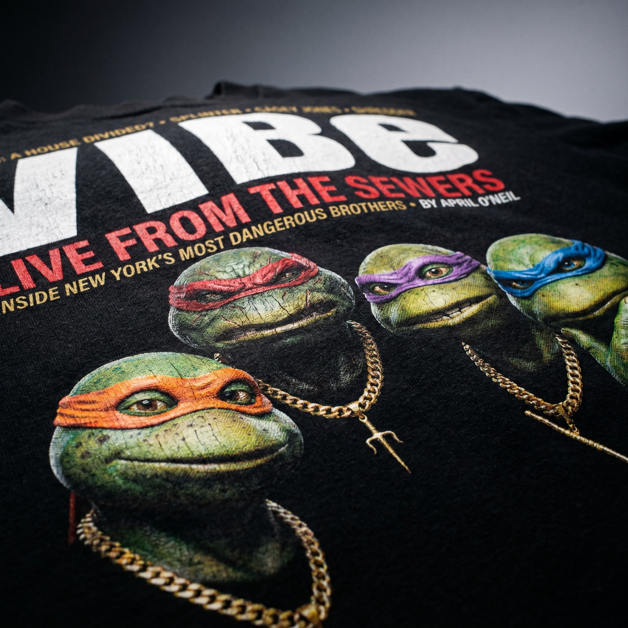 TMNT VIBE Magazine Tee — closeup mockup