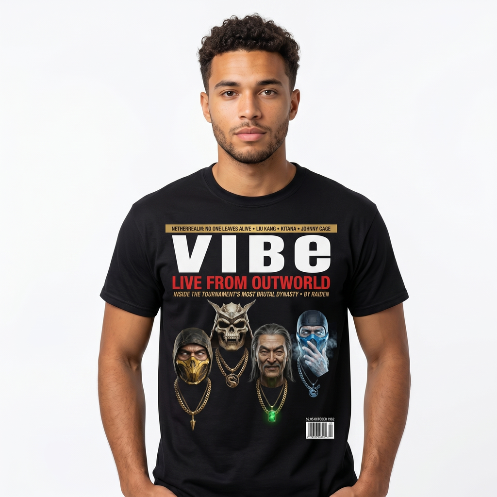 Mortal Kombat VIBE Magazine Tee — model mockup