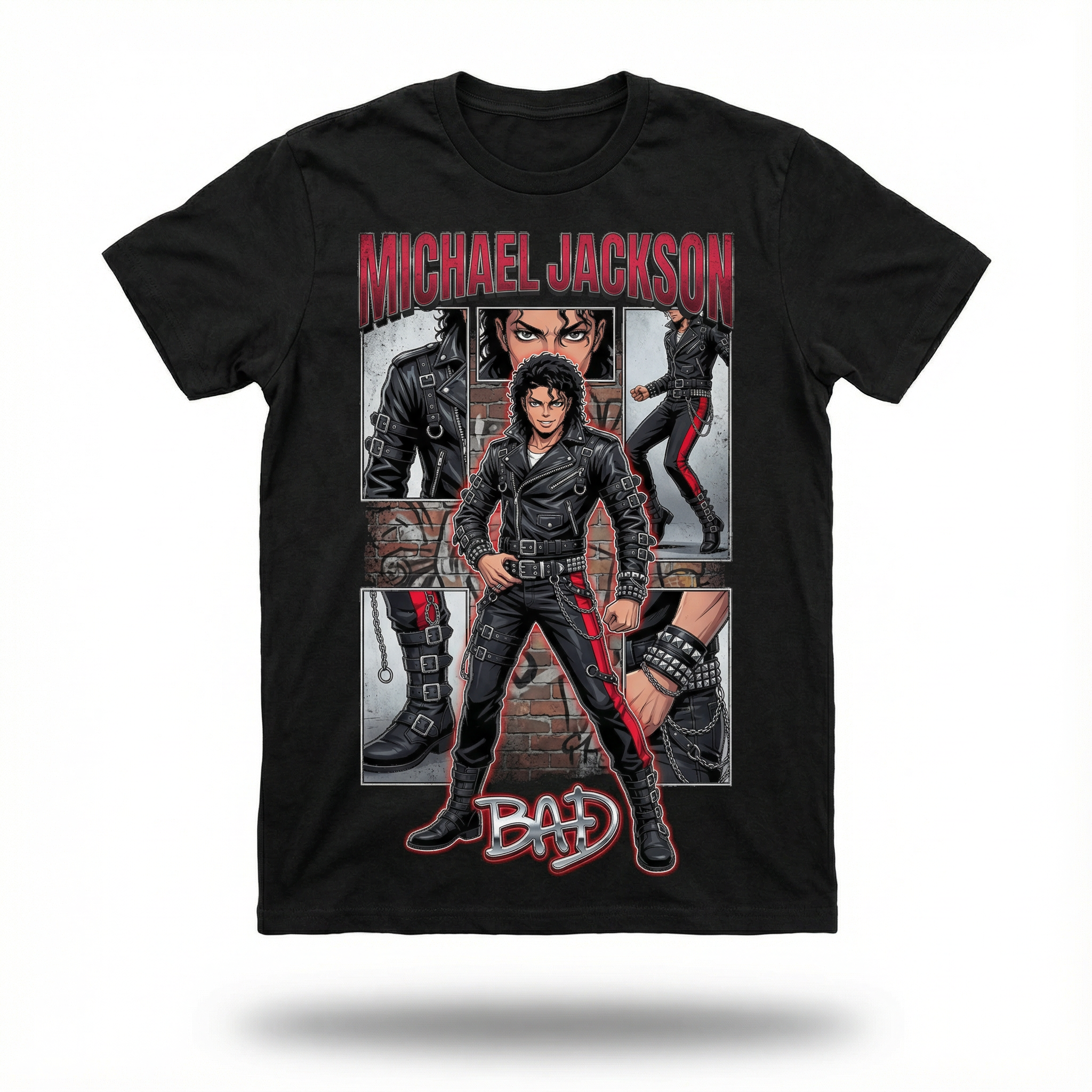 MJ Bad Era Anime Comic Tee - lifestyle model BAD red text leather