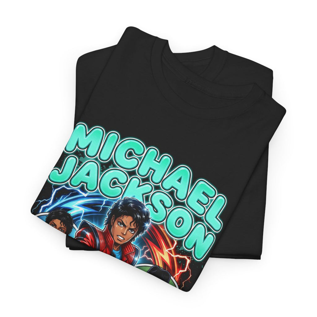 MJ The Legend Anime Comic Tee - flat fold The Legend cyan text Thriller