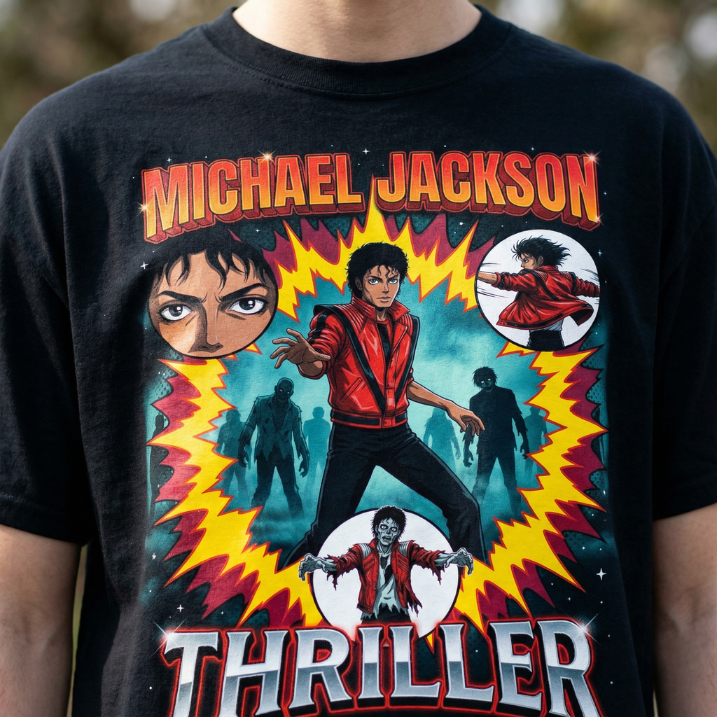 MJ Thriller Anime Comic Tee - lifestyle close-up Thriller red jacket zombies