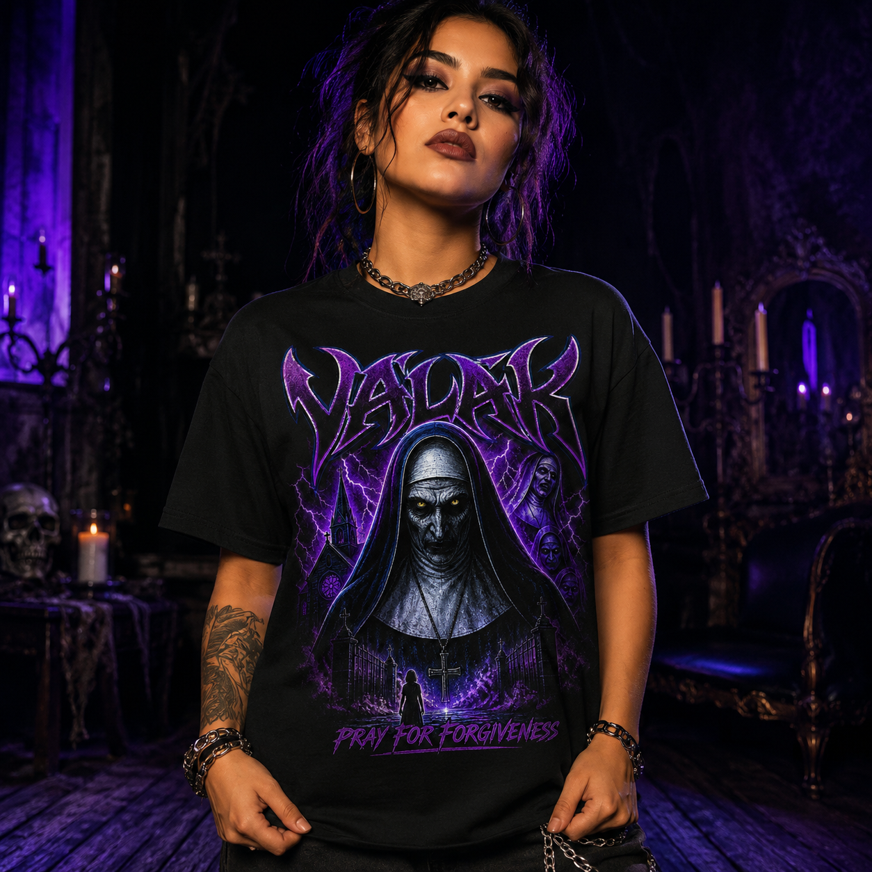 The Nun halftone tee model wearing