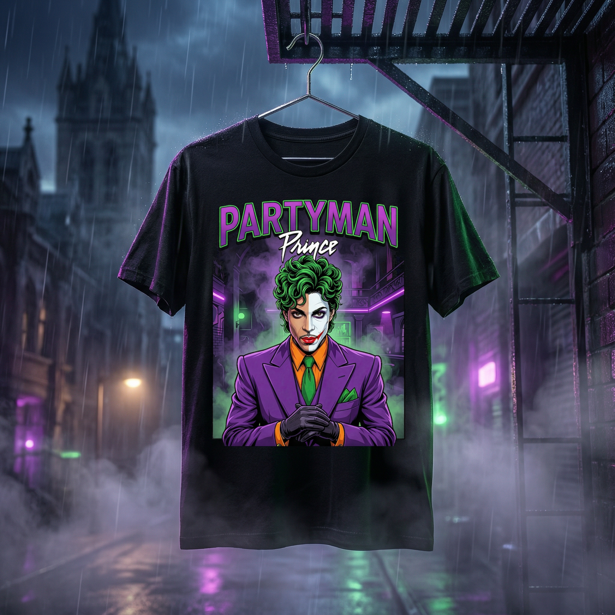 Prince Partyman Gotham Tee - rainy Gotham streets hanging lifestyle
