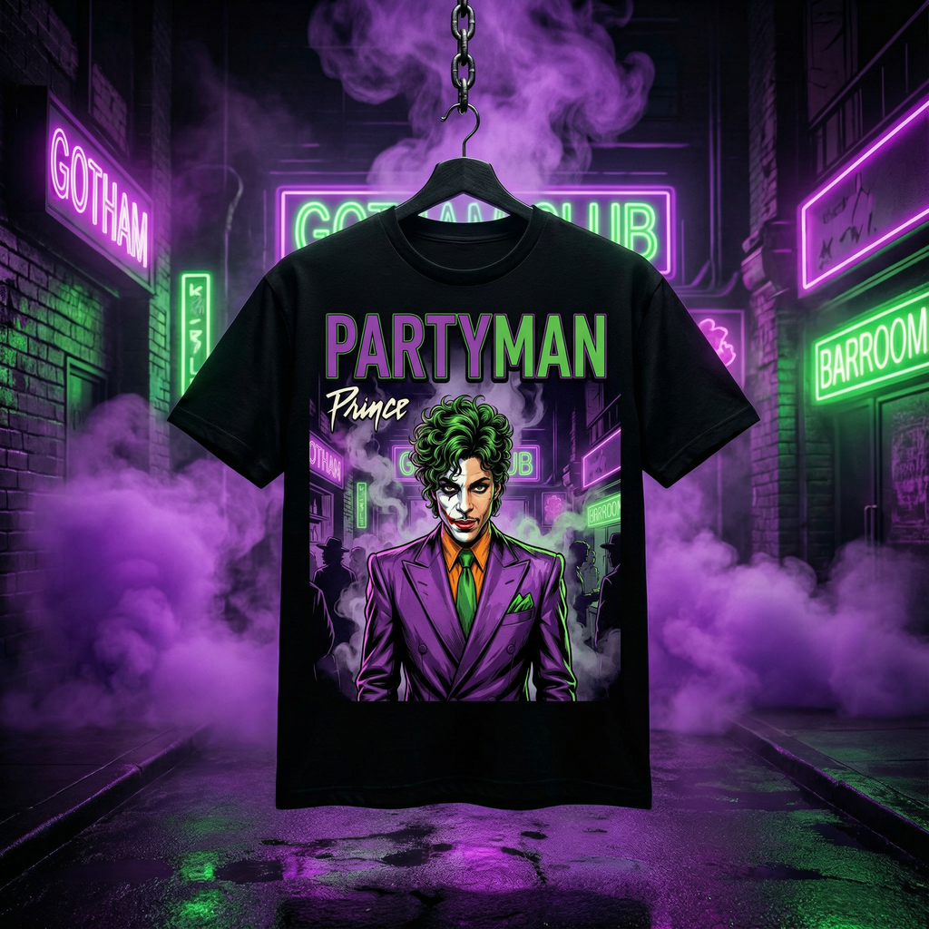 Prince Partyman Joker Tee - hanging lifestyle Gotham neon alley