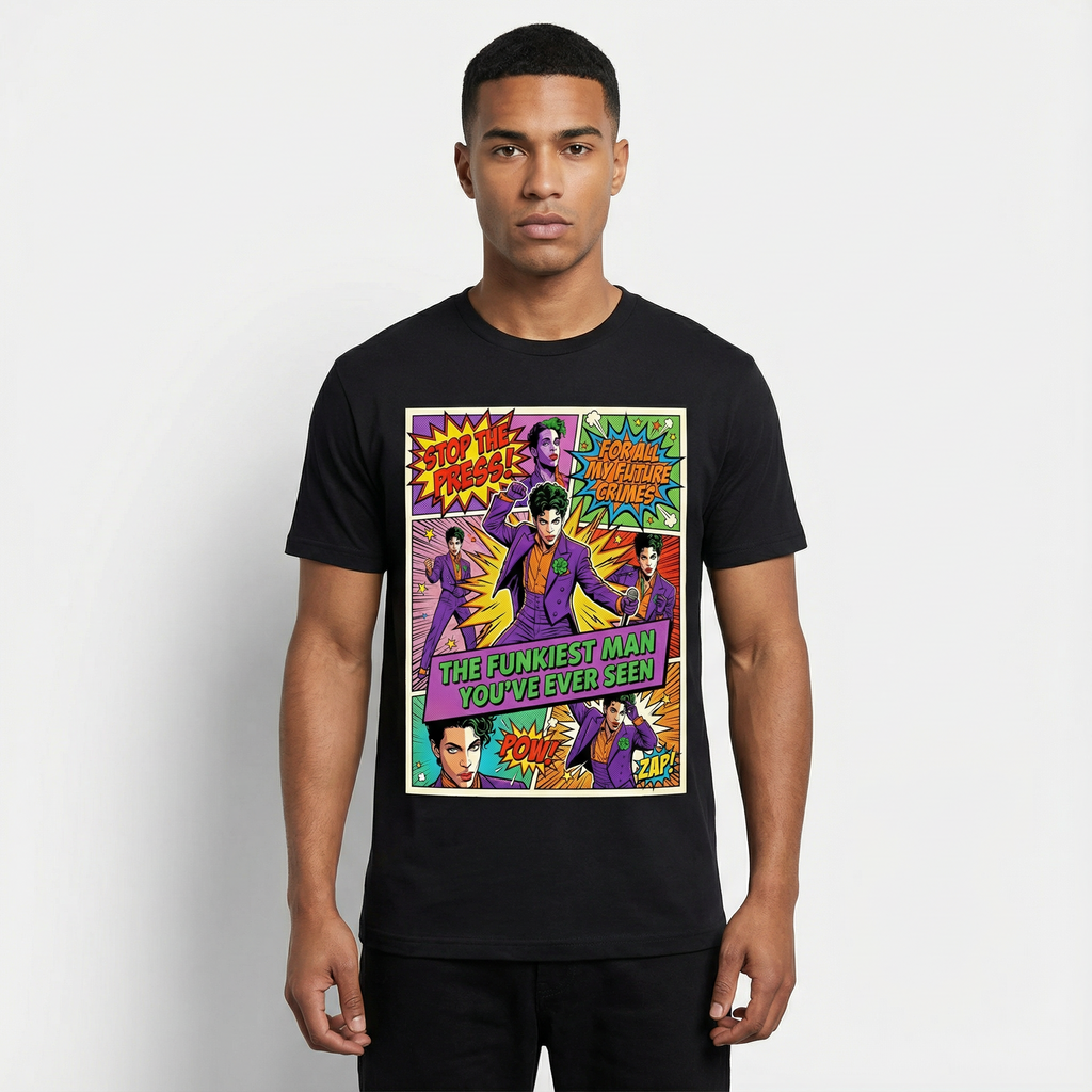 Prince Partyman Tee - model wearing comic collage