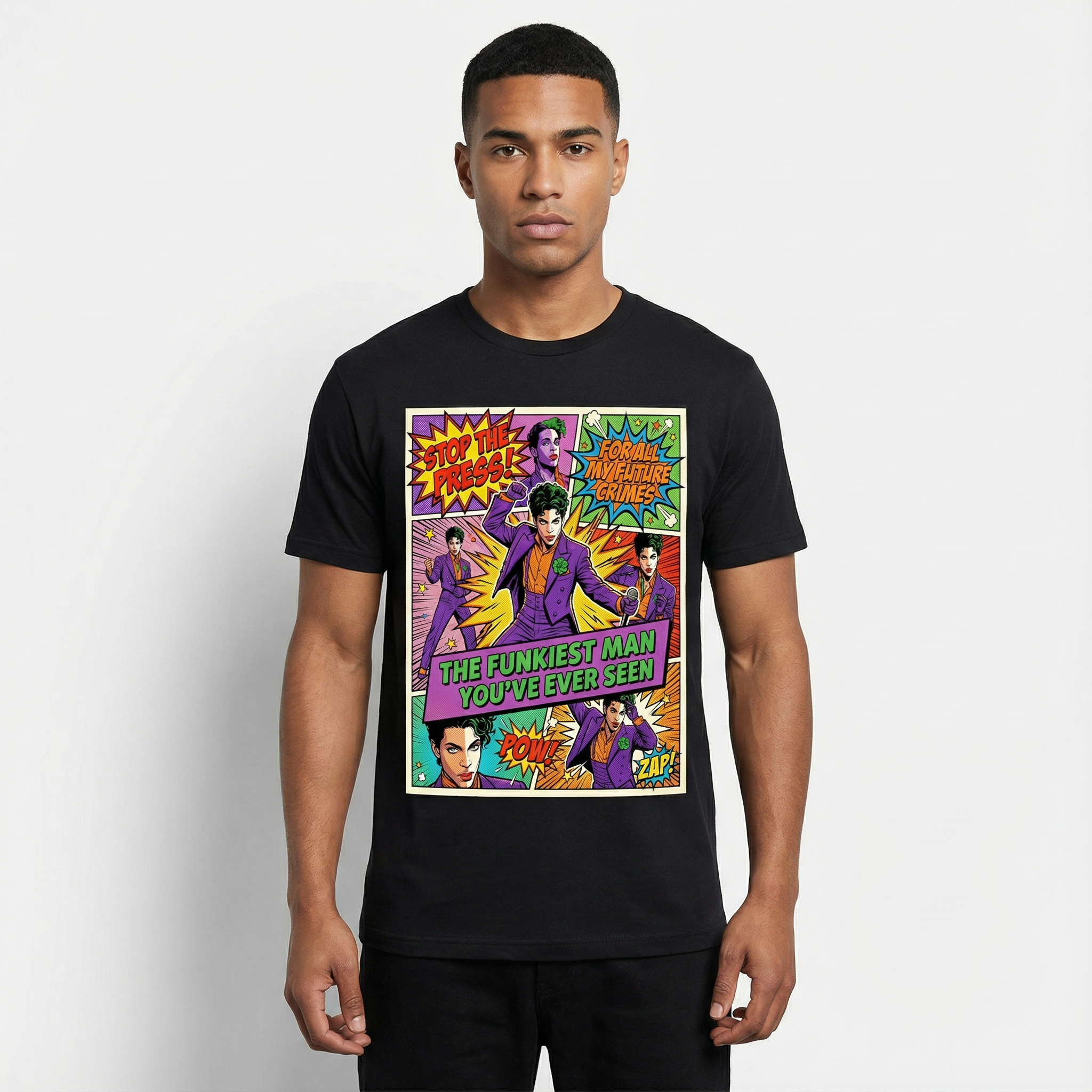 Prince Partyman Tee - model wearing comic collage