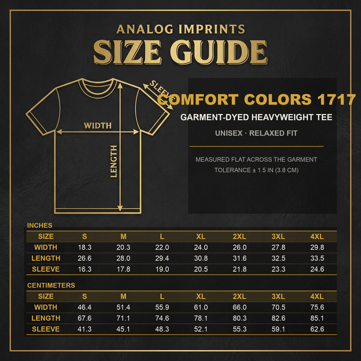 Analog Imprints size guide