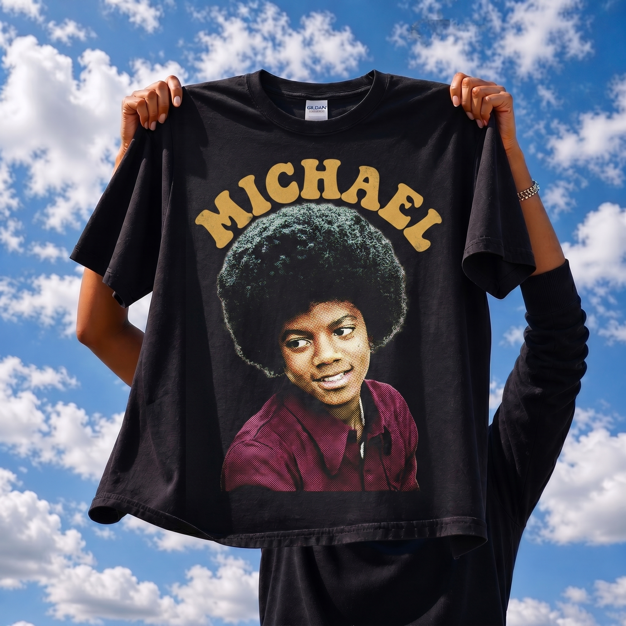 Young MJ 70s afro halftone lifestyle mockup
